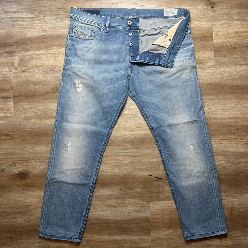 Diesel Tepphar Jeans Men 36x28 Blue Slim Carrot Stretch Muddy Wash (Tag 34x30)